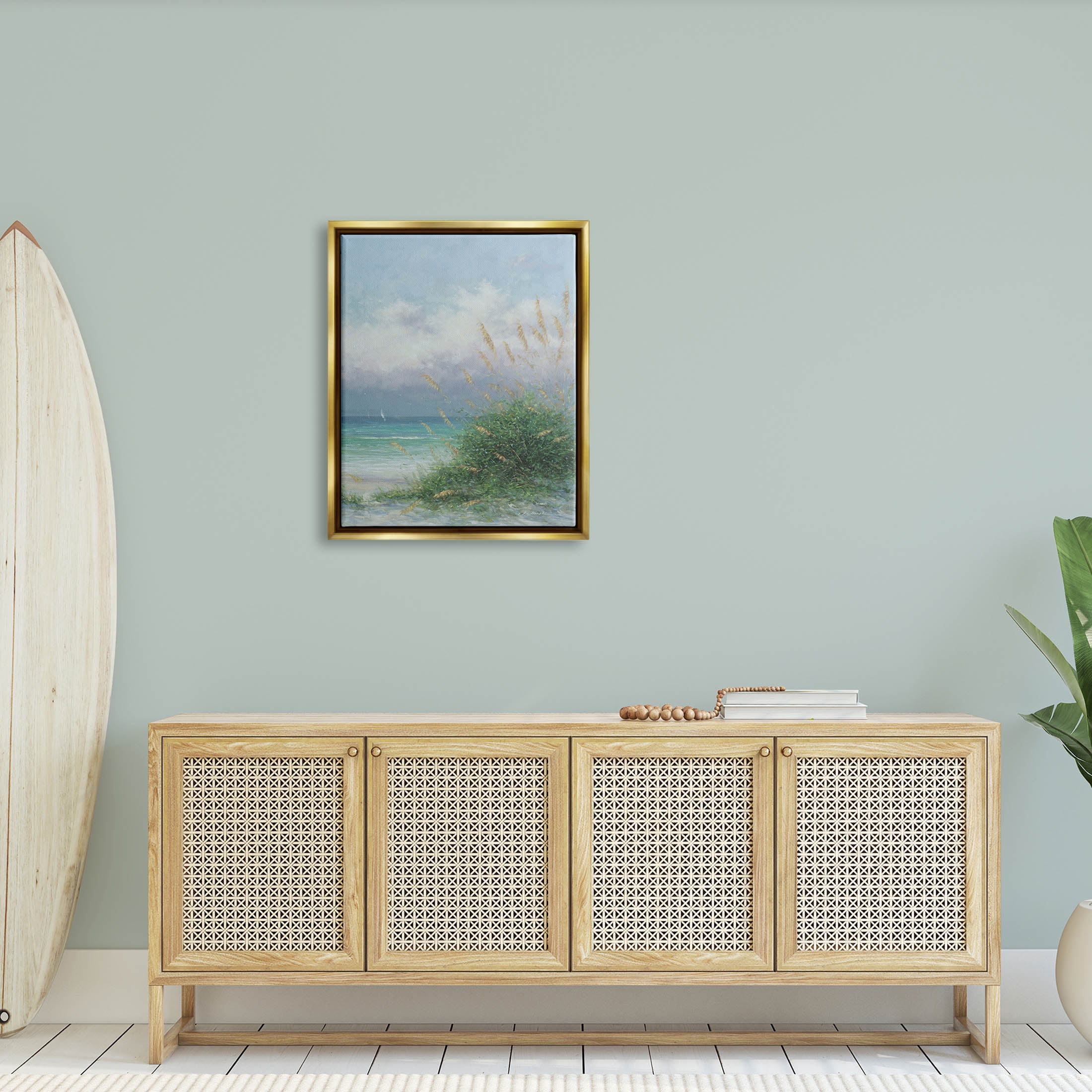 Ocean Waves Beach Reeds Coastal Painting Metallic Gold Framed Art Print Wall Art