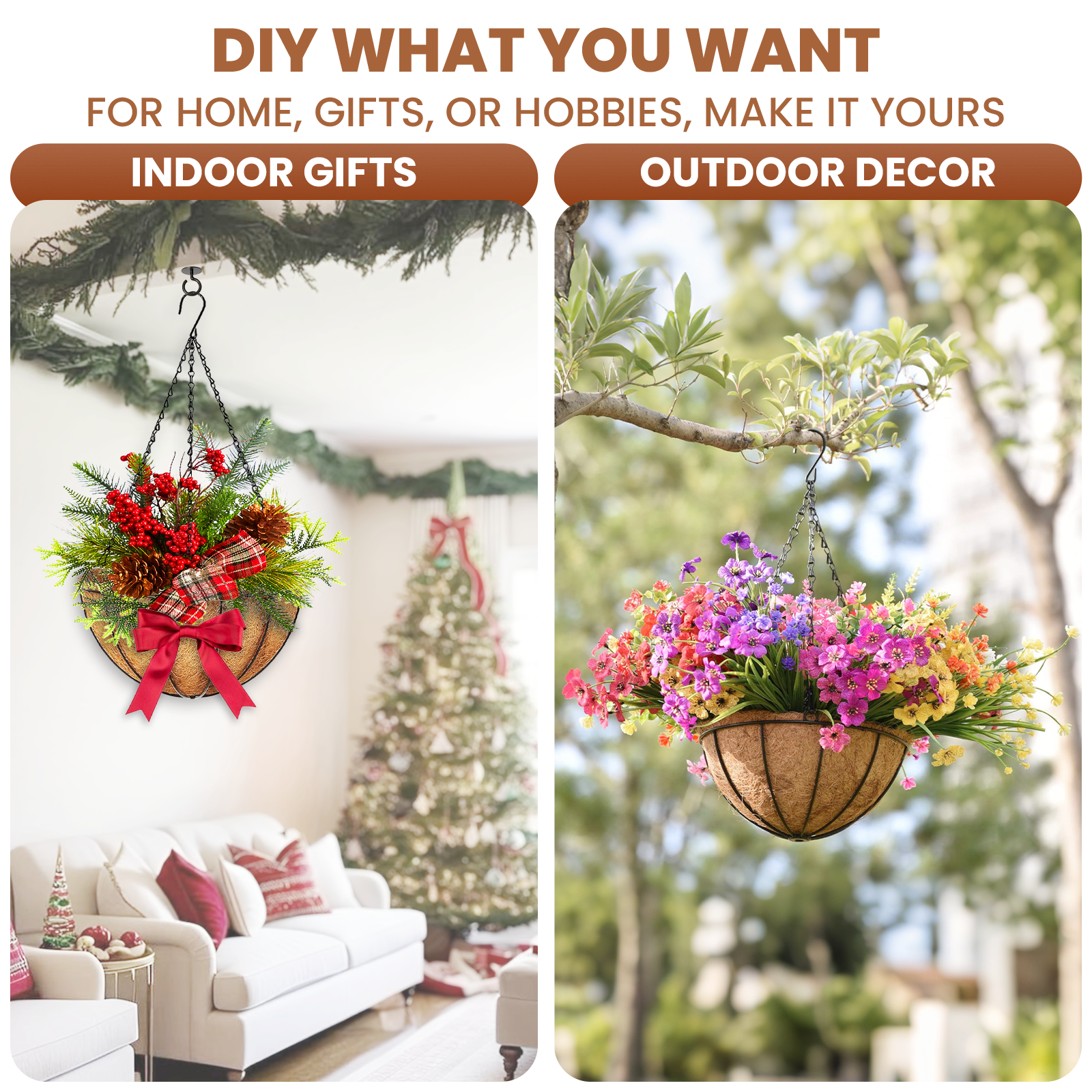 Diigabo 3-Pack Metal Hanging Planter 10-Inch Baskets Coconut Coir Liners Rustproof Iron Frame with Hook for Indoor Outdoor Porch Garden Décor