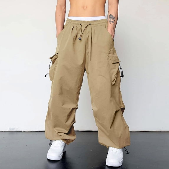 Men's Baggy Cargo Pants 2026 Casual Elastic Waist Drawstring Loose Fit Parachute Pants with Pockets Harem Joggers Streetwear