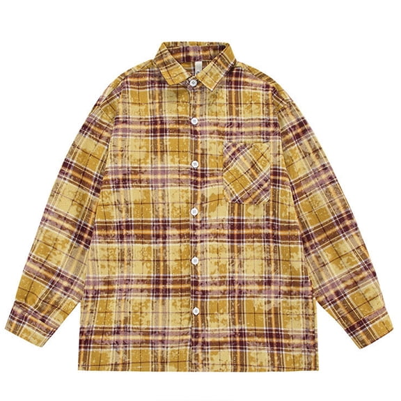 DayScoop Mens Winter Jackets Fashion Outerwear Casual Leisure Button Pocket Tie-Dyed Lattice Flip Collar Long Sleeves Shirt Outer Tops