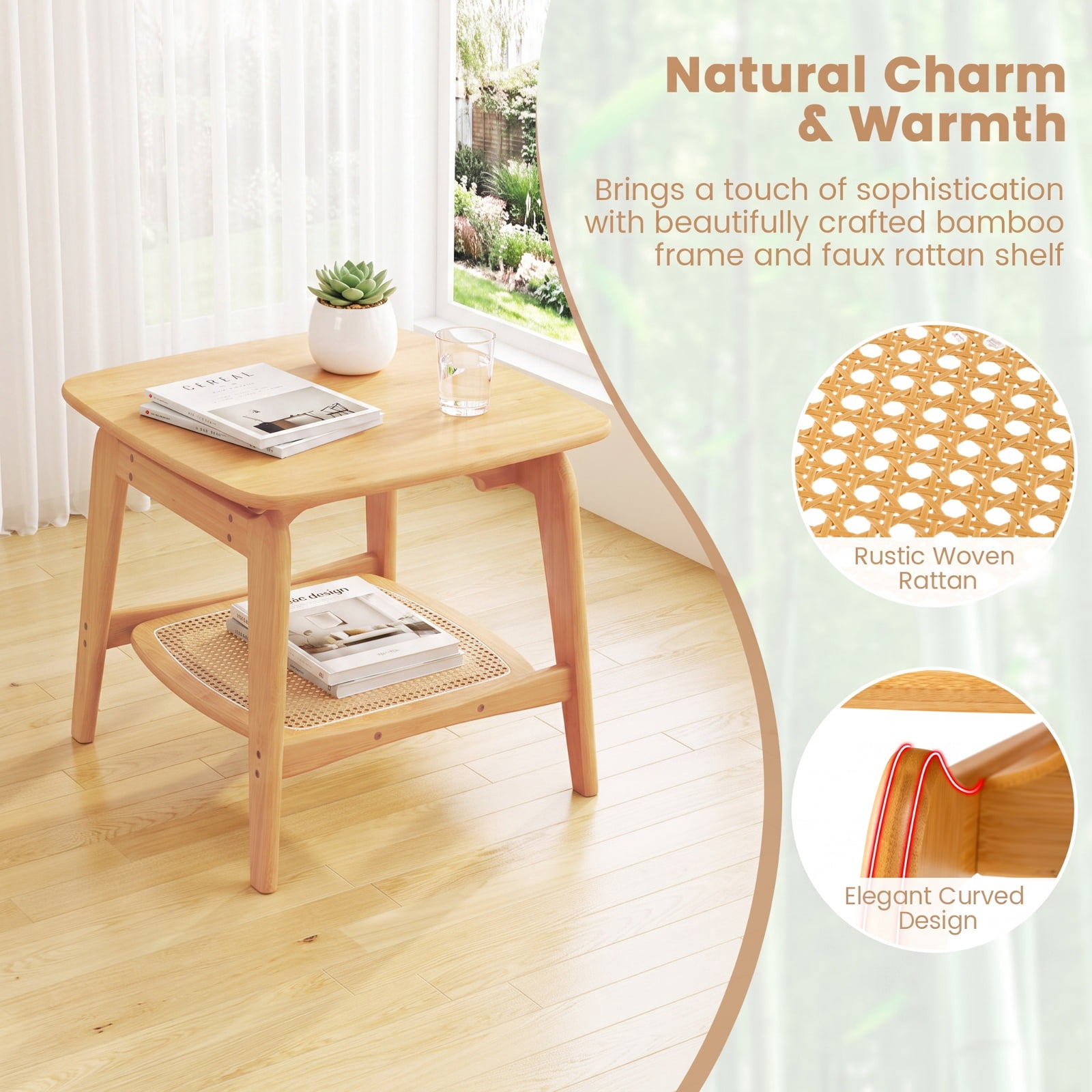 Furnibear Boho Bamboo Sofa Side Table with Faux Rattan Storage Shelf and Curved Frame for Living Room Bedroom and Study, Natural