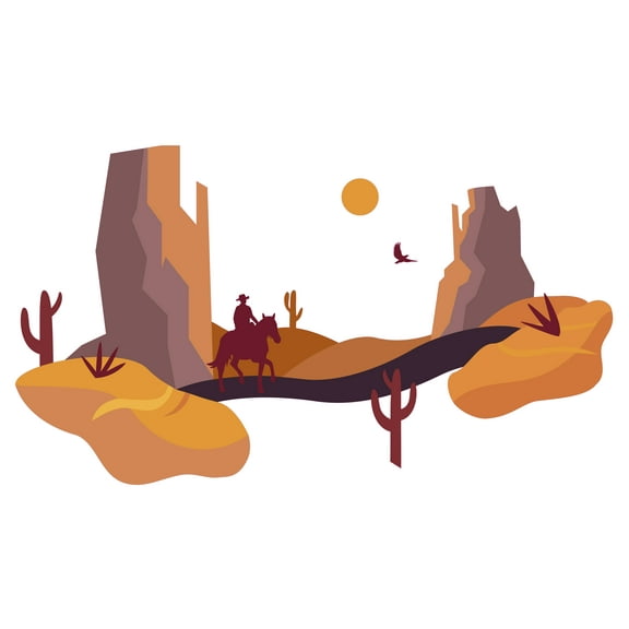 Home Art 21" x 36" Monochromatic Wild West Cowboy Texas Adhesive Wall Decal Landscape Cliffs Silhouette Design Removable Kids Boys Horseman Art Vinyl Wall Decal Sticker