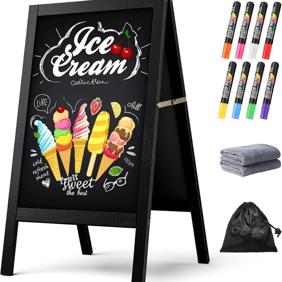 A Frame Chalkboard Sign, 40"x20" Extra Large Sidewalk Chalk Board, Wooden Standing ChalkBoards Set with Markers, Double-Sided Magnetic Blackboard for Cafés, Weddings, Party Guide, Black