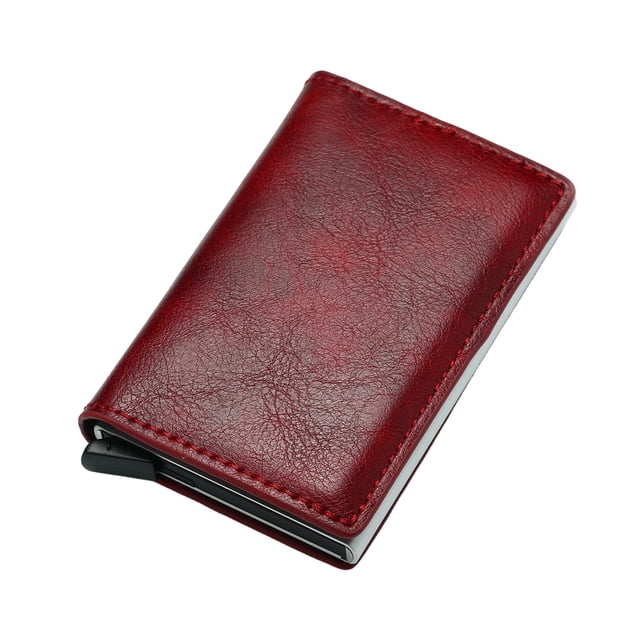 Cartera de piel sintética para hombre, billetera triple con bloqueo RFID y tarjetero delgado emergente, tarjetero de aluminio metálico.