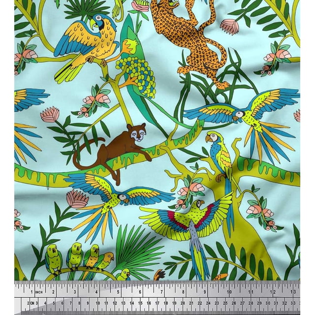 Soimoi Rayon Fabric Branches,Parrot & Leopard Jungle Print Fabric by Yard 42 Inch Wide