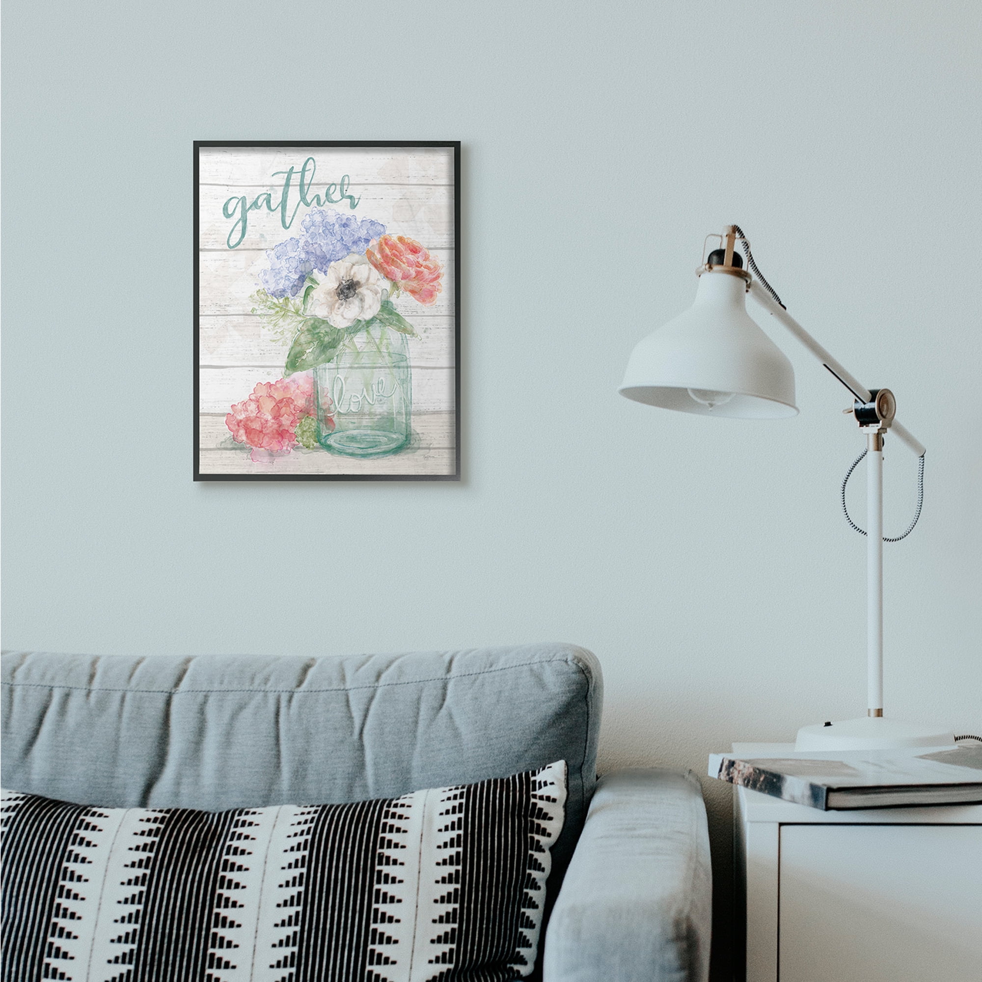 Stupell Industries Gather Love Flower Jar Rustic Wood Textured Word Design Framed Wall Art by Mary Urban