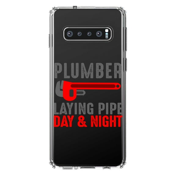 DistinctInk Clear Shockproof Hybrid Case for Samsung Galaxy S10 (6.1" Screen) - TPU Bumper Acrylic Back Tempered Glass Screen Protector - Plumber - Laying Pipe Day & Night