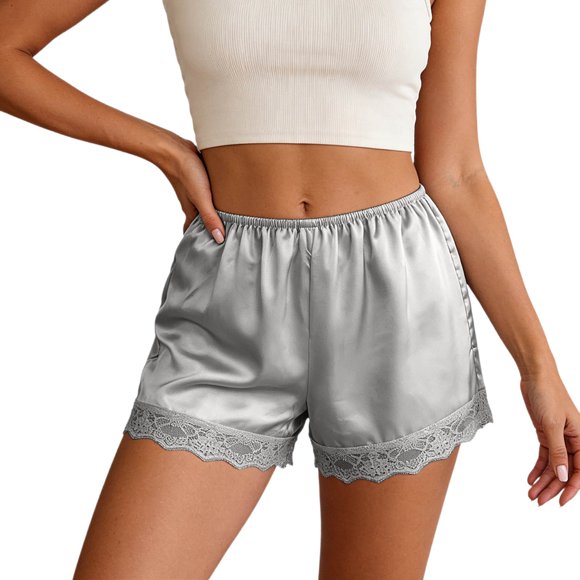 Gpoecd Shorts Longueur Genou pour Femmes en Satin avec Bordure en Dentelle, Taille Élastique, Shorts Décontractés, Bas Français pour Vêtements de Nuit et Tenues d'Été, Shorts de Survêtement 02_Silver,m