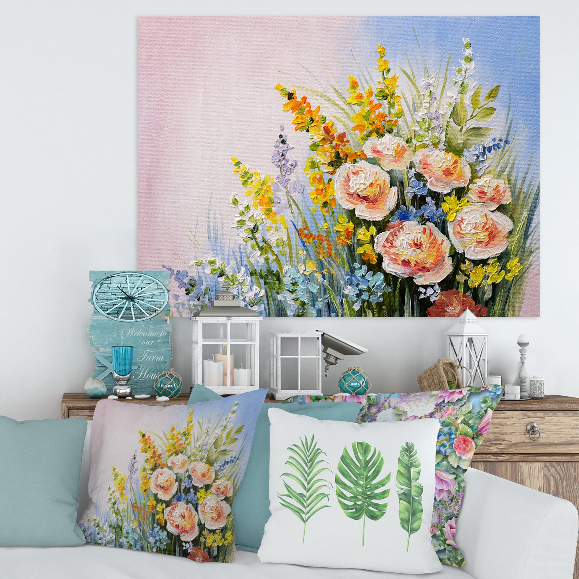 Designart ' Yellow and Pink Summer Wildflowers ' Traditional Canvas Wall Art Print