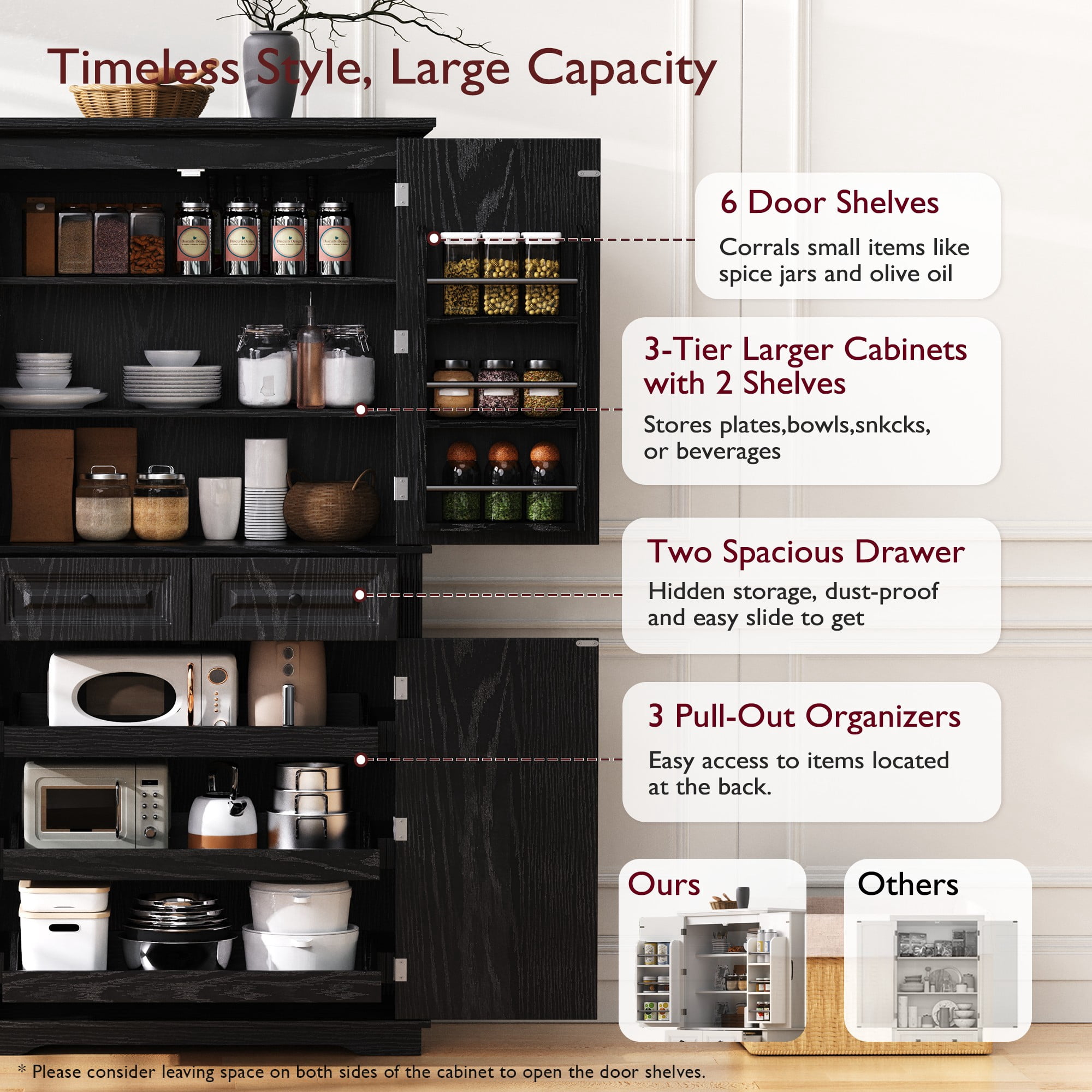 Mintazer 71" Tall Farmhouse Pantry Cabinet with Adjustable Shelves & 6 Door Shelves, Freestanding Storage Cabinet with 2 Drawers & 3 Pull-Out Organizers for Kitchen Dining Room Living Room, Black