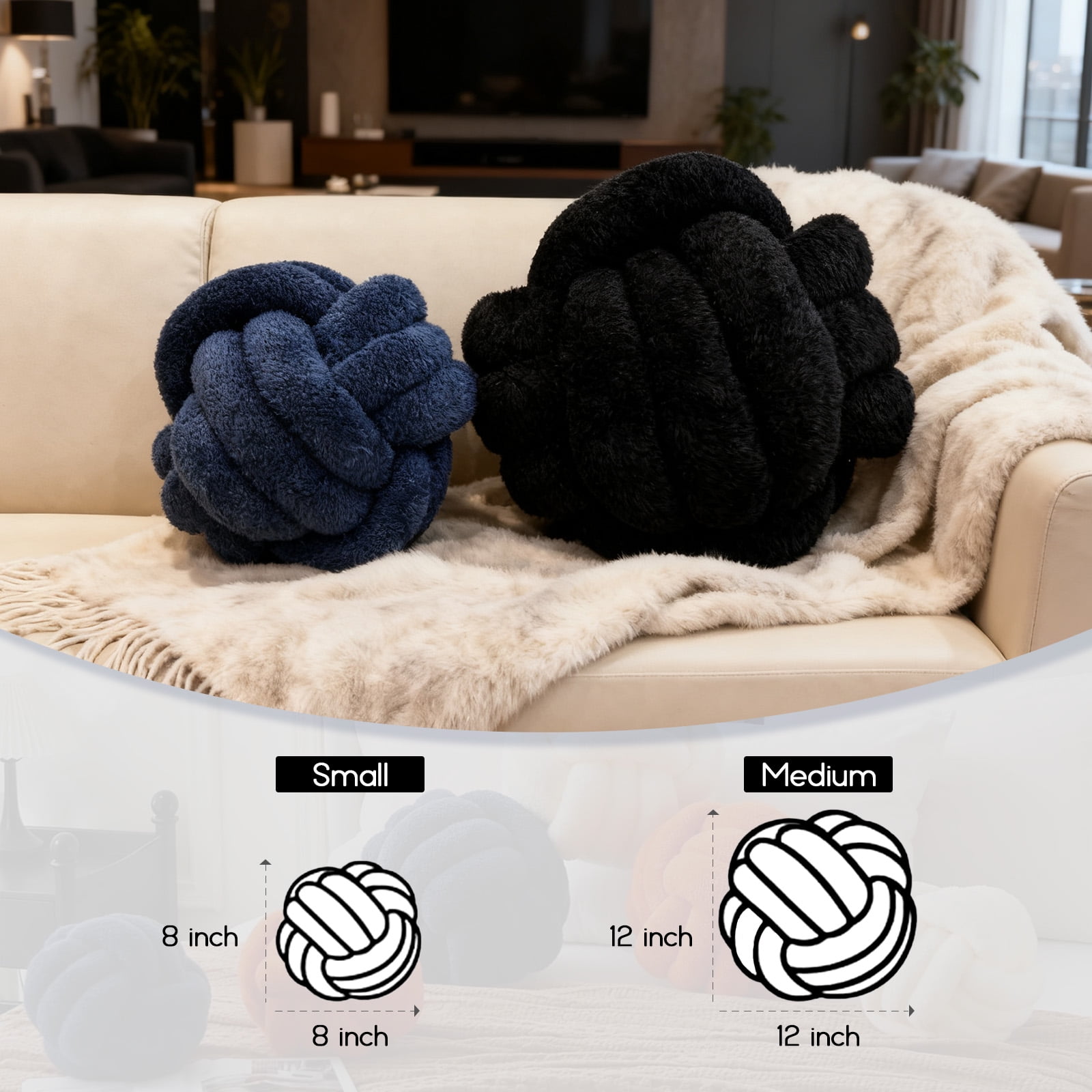 Knot Pillow Ball Plush - Decorative Throw Pillows for Bed Stress Relief, Round Knot Cushion for Sofa Decor Pet Toy, Black 12 Inch