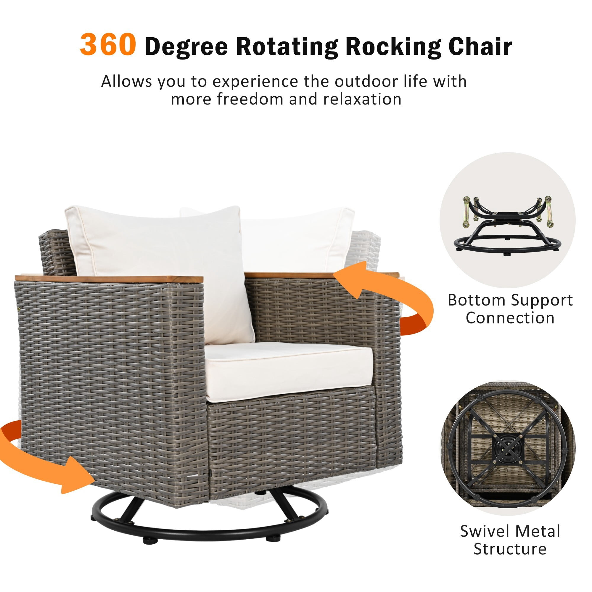AENKYO 8-Piece Wicker Patio Furniture Set, Sectional Sofa w/ 360° Swivel Rocker Chairs & Acacia Storage Table, Beige