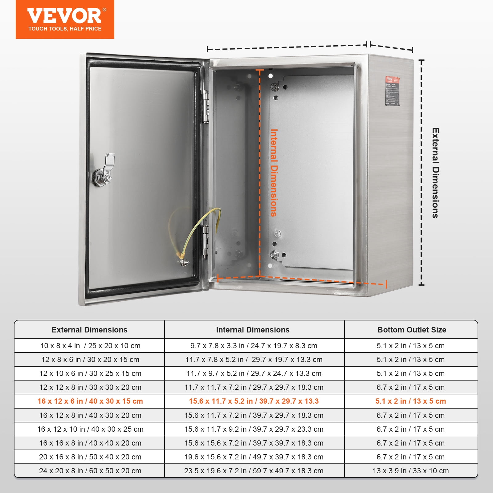 VEVOR Steel Electrical Box,16"x 12"x 6", 304 Stainless Steel Electrical Enclosure Box, Wall-Mounted Outdoor Electrical Electronic Equipment Enclosure with Mounting Plate Hinges Lock, IP66 Waterproof