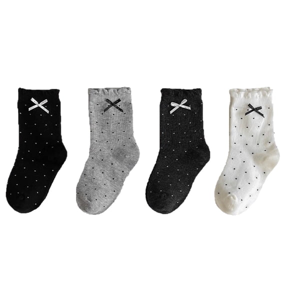 Posijego 4 Pairs Girls Ruffle Socks Polka Dot Printed School Uniform Dress Cotton Crew Ankle Socks Little Girls 3-12 Years