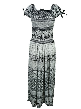 Mogul Womens Boho Maxi Dress On Off Shoulder Smocked Waist Rayon Gypsy Beach Summer Dresses