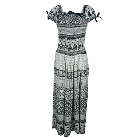 Gypsy Maxi - Mogul Womens Boho Maxi Dress On Off Shoulder Smocked Waist Rayon Gypsy Beach Summer Dresses