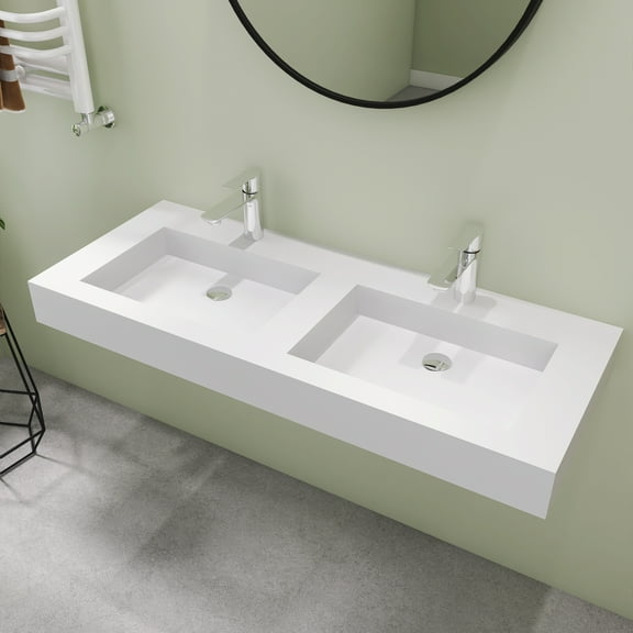 47" Wall Mount Rectangle double Vessel Sink with Faucet Hole, Solid Surface Bathroom Vessel Sink