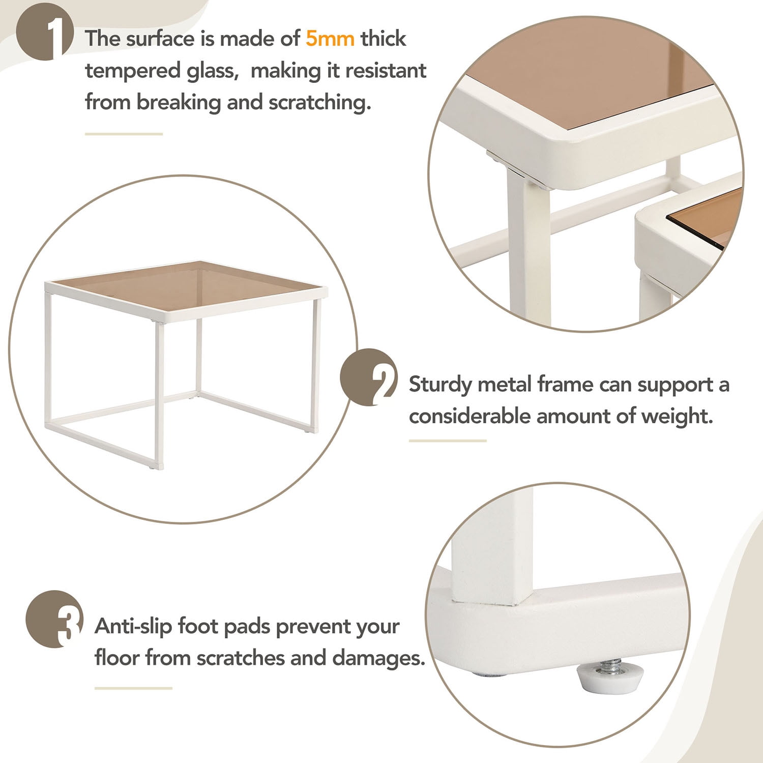 Kadyn Nested Coffee Table Set, Tea Table with Metal Frame, Tempered Glass Sofa Center Table, White Kadyn Nested Coffee Table Set, Tea Table with Metal Frame, Tempered Glass Sofa Center Table, White