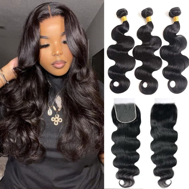 Extensiones de cabello humano Natural brasileño, mechones ondulados con cierre de encaje 4x4, 3/4 unidades