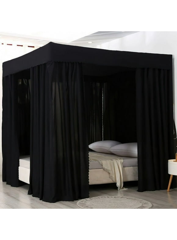 Four Corners Post Bed Canopy, Lightproof Bed Curtain, Blackout Canopy Bed Curtains, Black Bed Canopies for Adults Bedroom Decor (Black, 59 x 79 x 77 Inches, Queen)