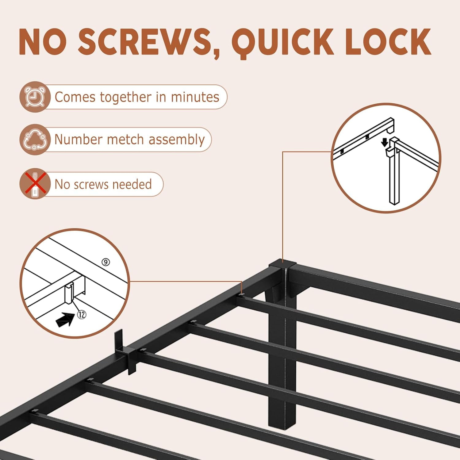 Memoryfield Metal Queen Bed Frame, 14" High Platform Bed Frame, Heavy Duty 800Lbs Capacity, No Box Spring, No Screws Needed with Reinforced Slats, Easy Assembly, Black