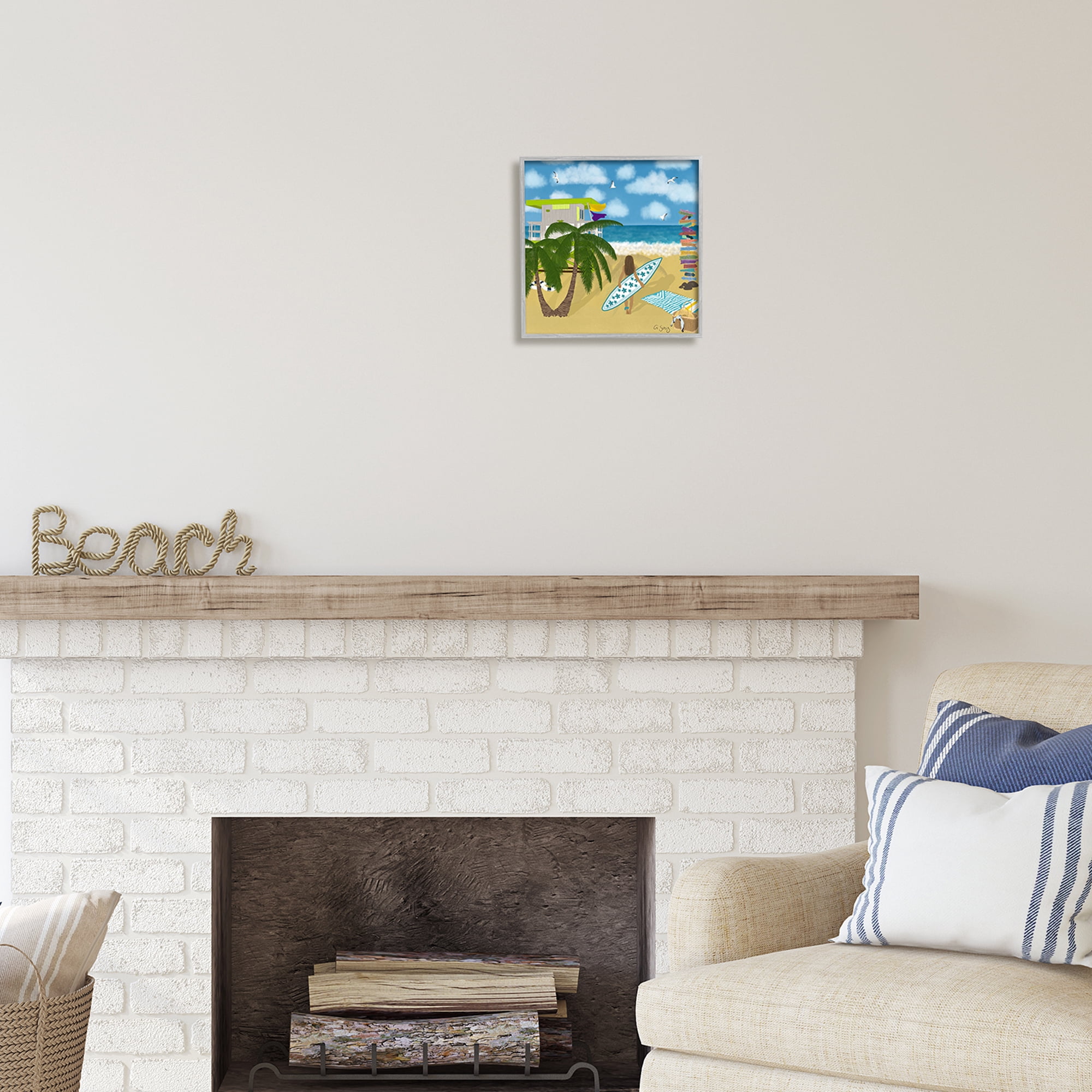 Stupell Industries Surfer Girl Walking Tropical Beach Coastal Painting Gray Framed Art Print Wall Art