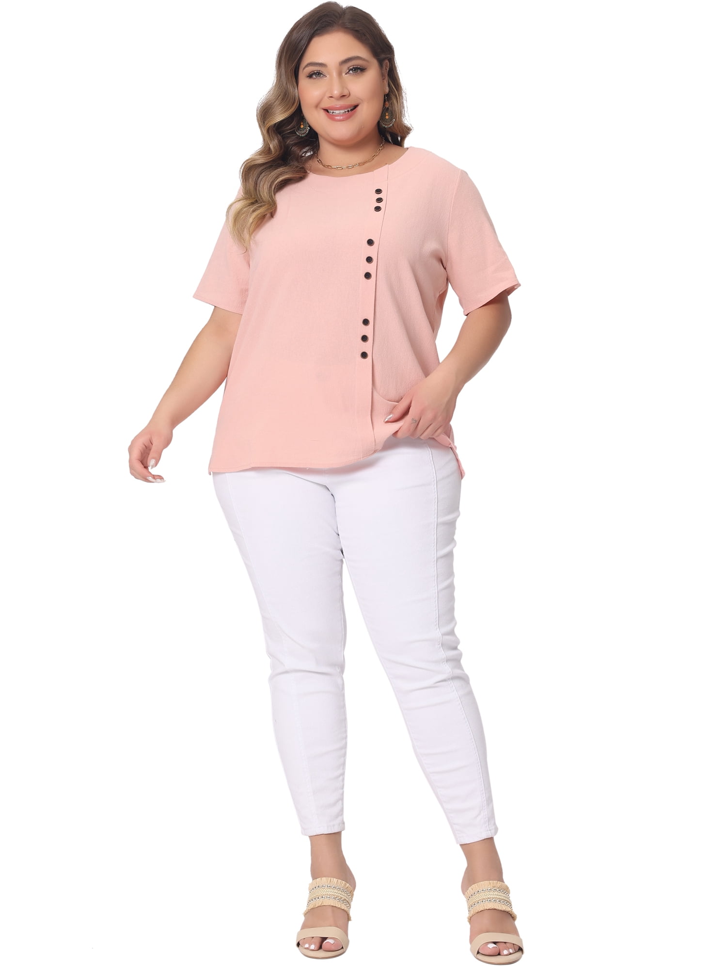 Women's Plus Top Short Sleeve Crew Neck Cotton Linen Blouses Top T Shirt 3X Pink