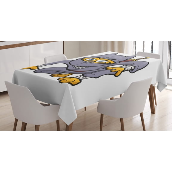 Ninja Cat Tablecloth, Cartoon Design Fighter Animal Character in Asian Inspired Clothes Nursery Image, Rectangular Table Cover for Dining Room Kitchen, 52" X 70",Multicolor, by Ambesonne