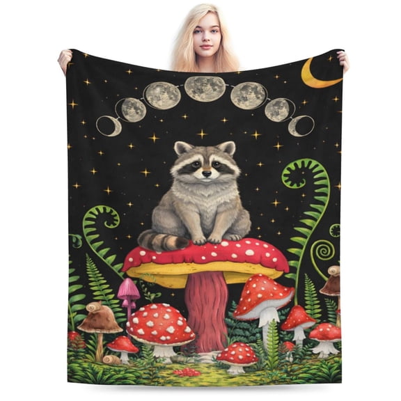 Mystic Raccoon Mushroom Blanket Fantasy Woodland Throw Blanket Soft Cozy Blanket for Couch Bed Halloween Decor Gift 50x40