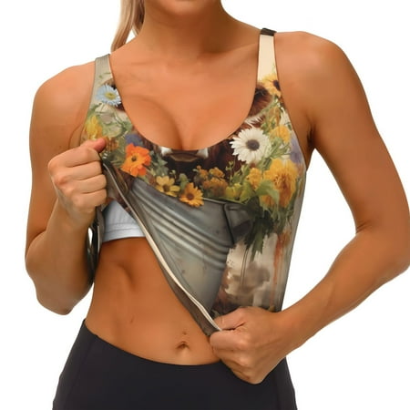Qokaie Bucket Flower Cow Pattern Womens Scoop Neck Sports Bra Breathable Workout Vest Padded U Back Medium Impact Fitness Gym Yoga Bra Workout Crop Top