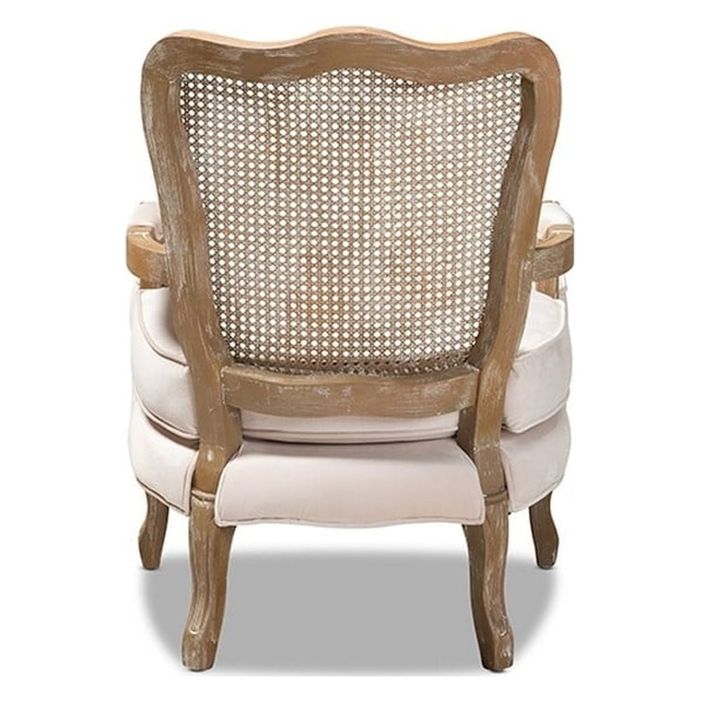 Baxton Studio Vallea Traditional French Provincial Light Beige Velvet Fabric Upholstered White-Washed Oak Wood Armchair