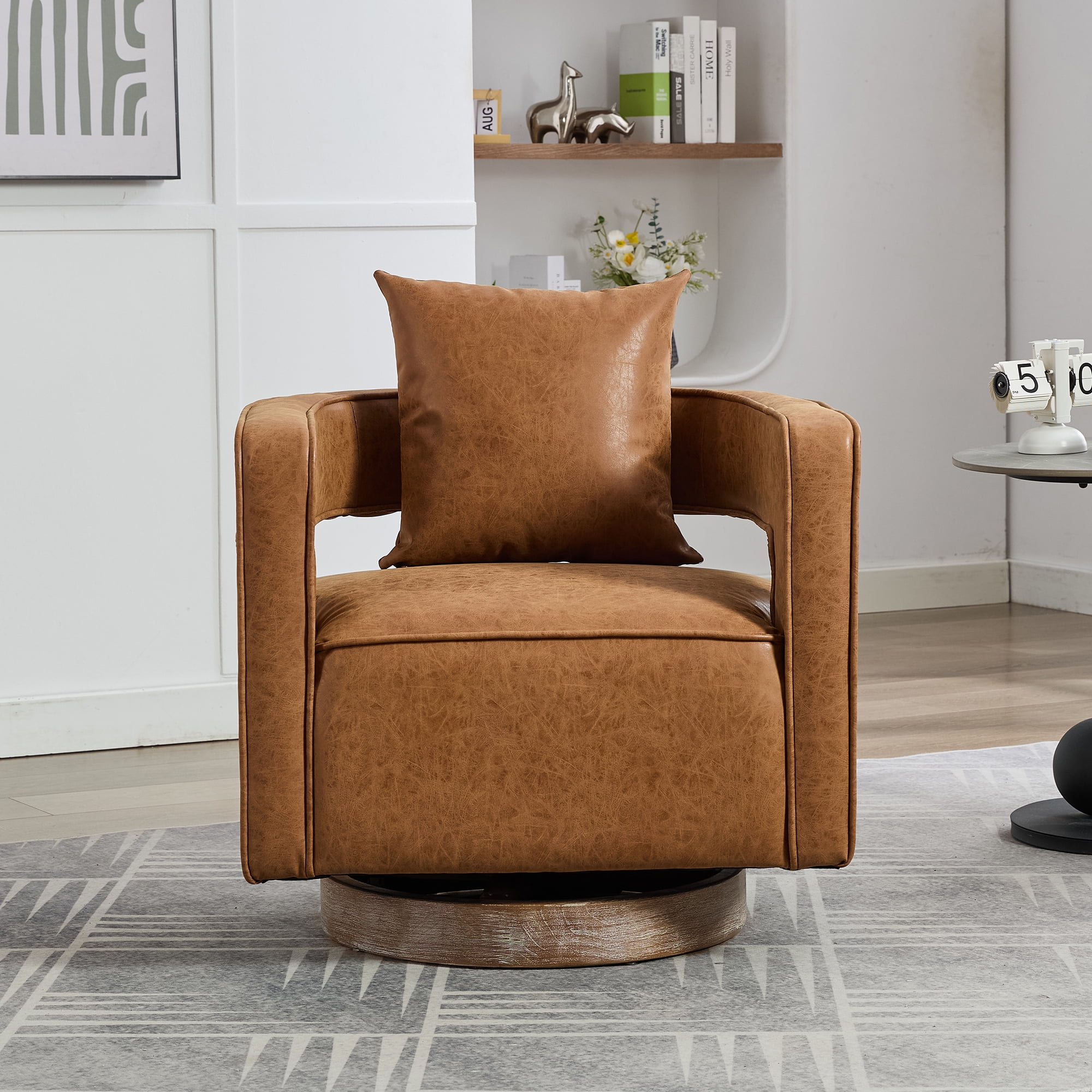 Leumius Swivel Accent Chair with Open Back,Modern Single Sofa Chair With Weathered Base for Nursery Bedroom Living Room Hotel Office, Club Chair Leisure Arm Chair for Lounge,Brown PU