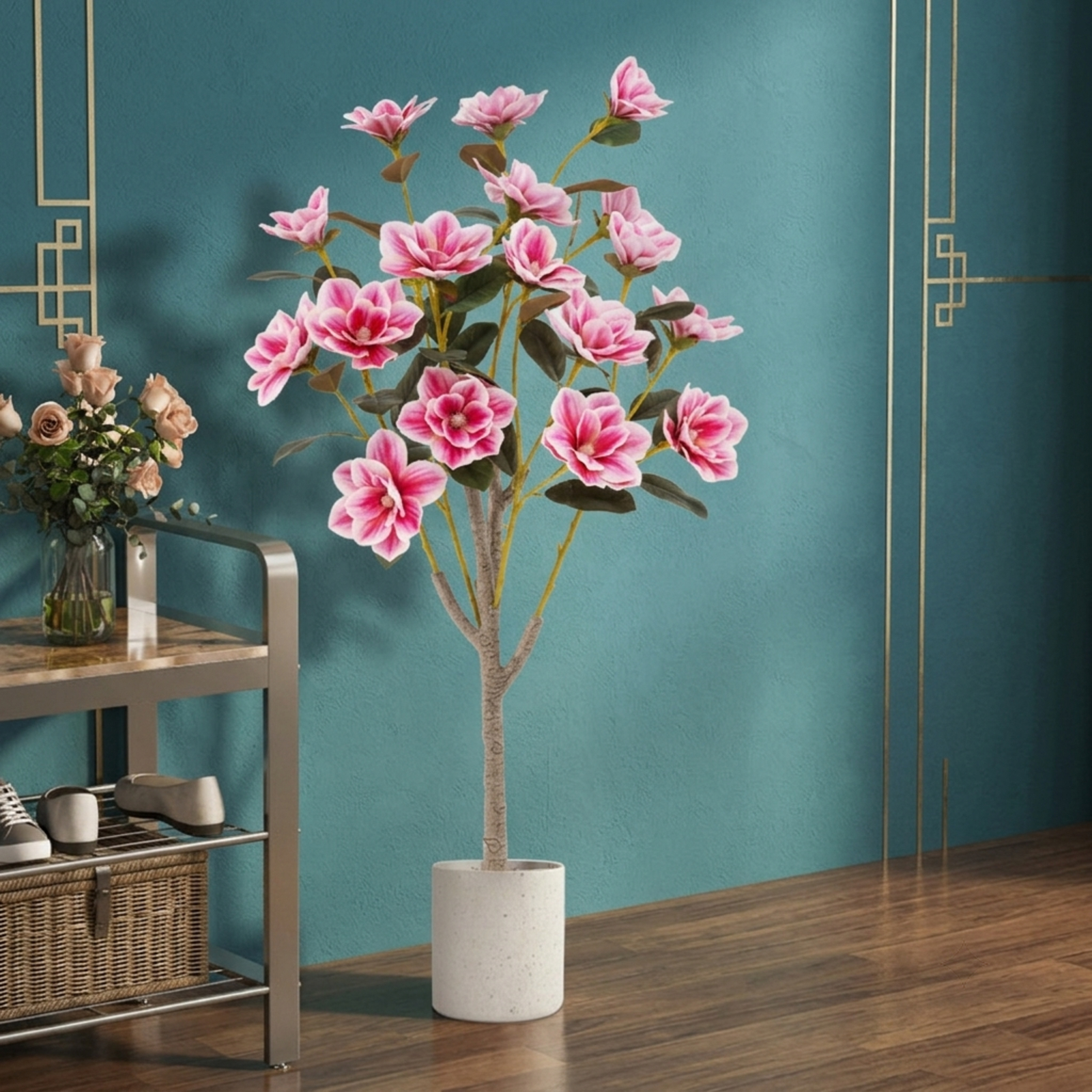 Vebreda 51 in Artificial Magnolia Tree, Faux Potted Flowering Plant with 18 PEVA Magnolia Blooms and Cement-Filled Pot, Indoor Home Office Wedding Decor, Pink