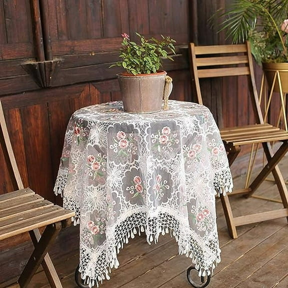 NAMZI Floral Square Tablecloth Tulle Lace Spliced Overlay Embroidered Table Cover for Wedding Banquet Holiday Dinner Tables (Pink Flower, 49 x 49 Inch)