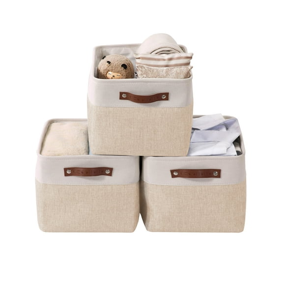 DECOMOMO Large Storage Basket Fabric Storage Bins, Set of 3, Beige and White