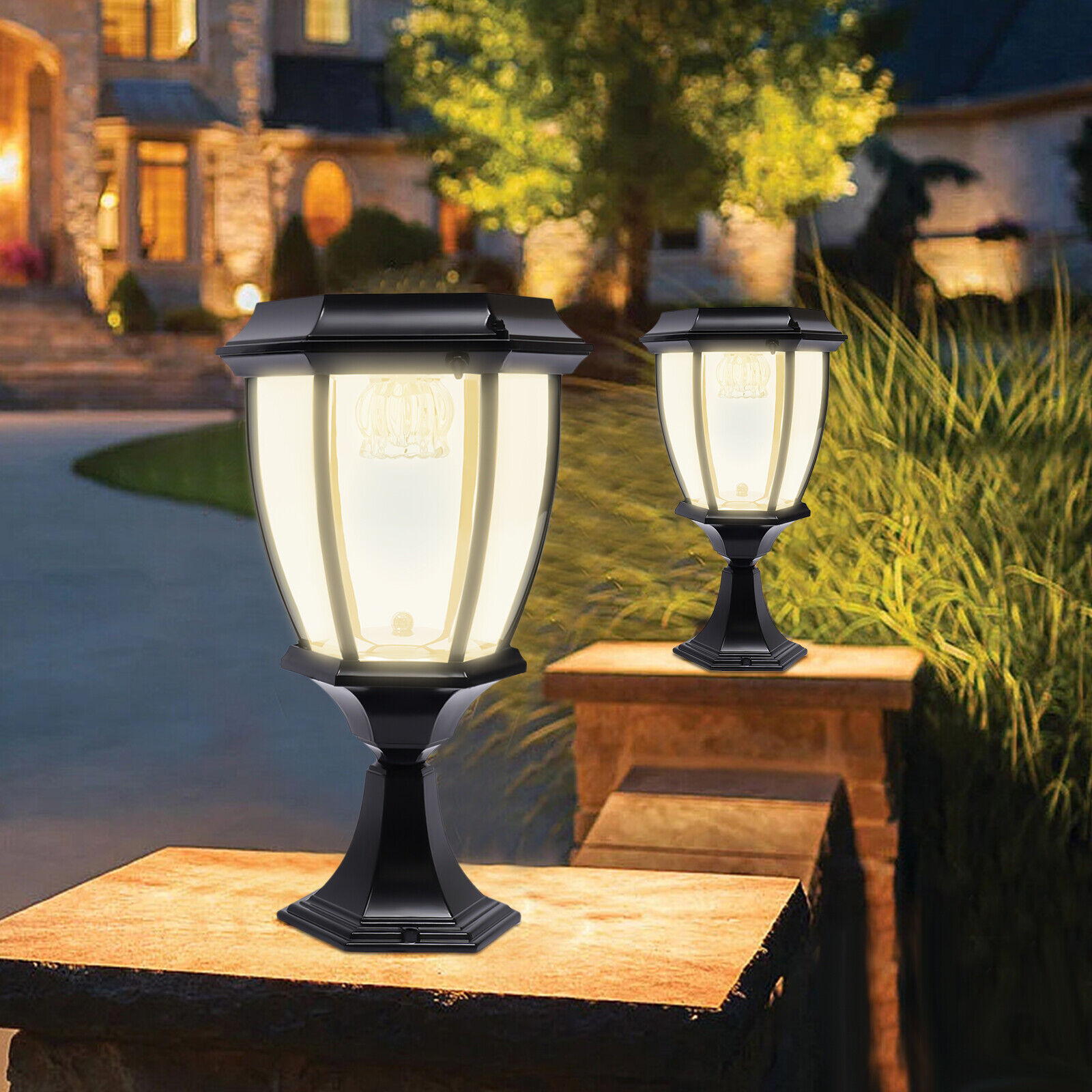DENEST Solar Powered Post Light Outdoor LED Pillar Light Garden Lawn Black  Decor Lamp