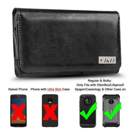 Moto G5 Holster, J&D PU Leather Holster Pouch Case with Belt Clip, Leather ID Wallet Case for Motorola Moto G5 (Only Fits with Regular & Bulky Case On - OtterBox/Lifeproof/Spigen/Other Case) - Black