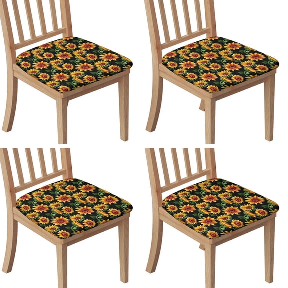 Black Sunflower Seat Covers for Dining Room Chairs Set Of 4,Stretch Printed Washable Chair Seat Cover with Elastic Ties and Button,Removable Waterproof Couch Cushion Covers