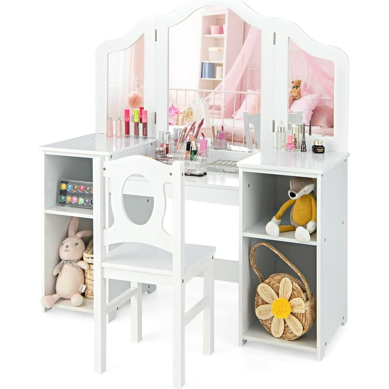 INFANS Kids Vanity 2 in 1 Princess Makeup Desk Chair Set with Tri Folding Detachable Mirror Large Storage Shelves Wooden Dressing Table Pretend