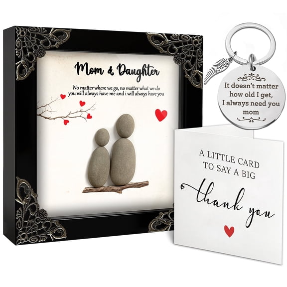 Mom Birthday Gifts from Daughter, Pebble Art Frame Mother and Daughter Plaque, Motherhood Engraved Keychain for Women, Thank You Card, Best Mom Ever Gifts, Valentines Day Mothers Day Present S15-47