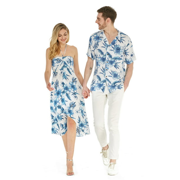 Couple Matching Hawaiian Luau Shirt and Halter Dress in Tropical Patterns -  