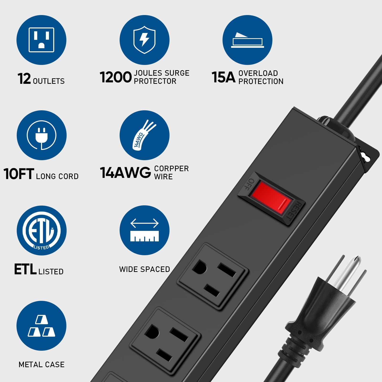 VILONG 12-Outlet Heavy Duty Power Strip with 10ft Long Cord,1200J Surge Protector,15A Adapters Plugs–for Commercial Electronics Use (Black,ETL Listed)