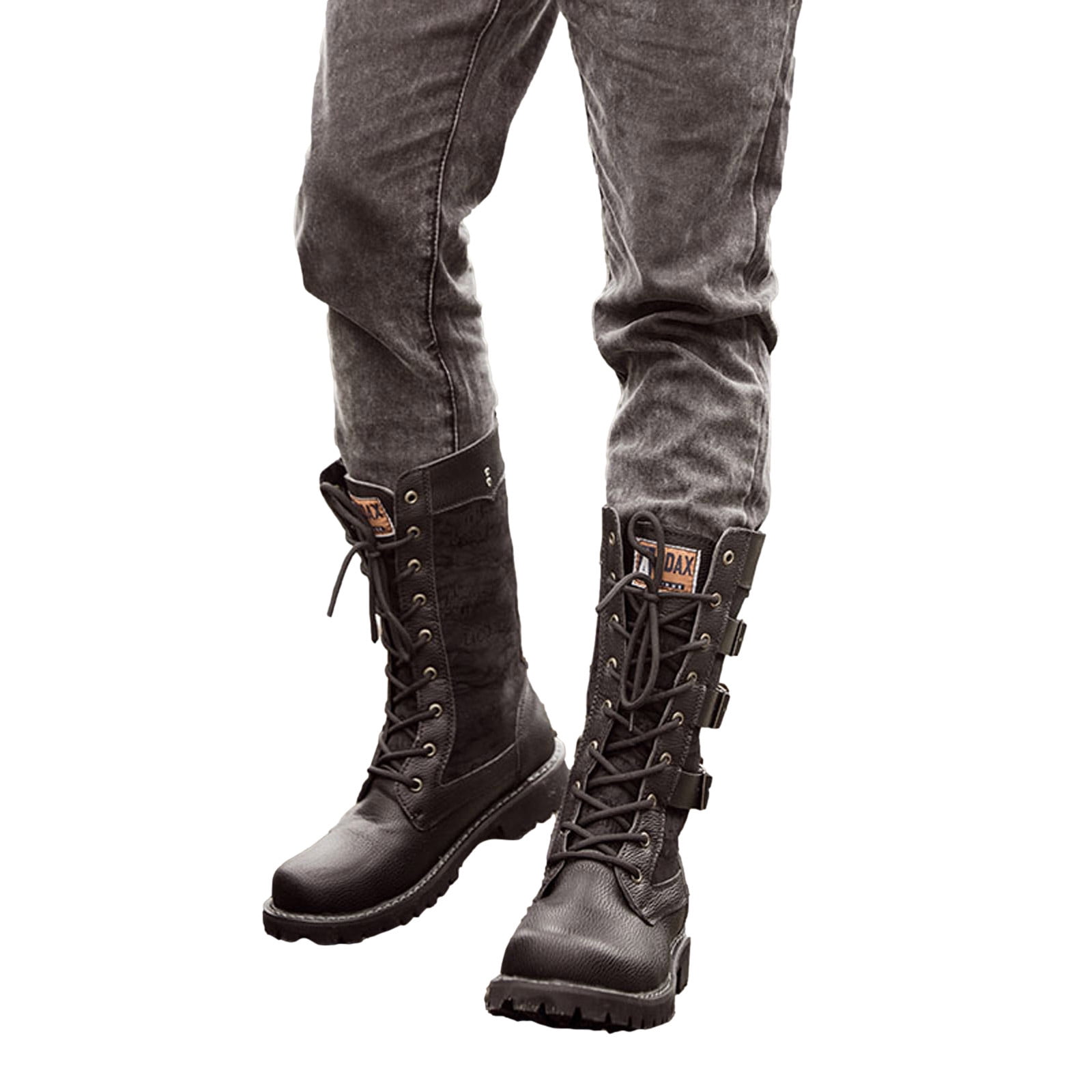 Yang Su Fashion Hasp Lacing Thick Soled Large Size Boots Men Autumn Platform Locomotive Wind Leather Boots Black 44