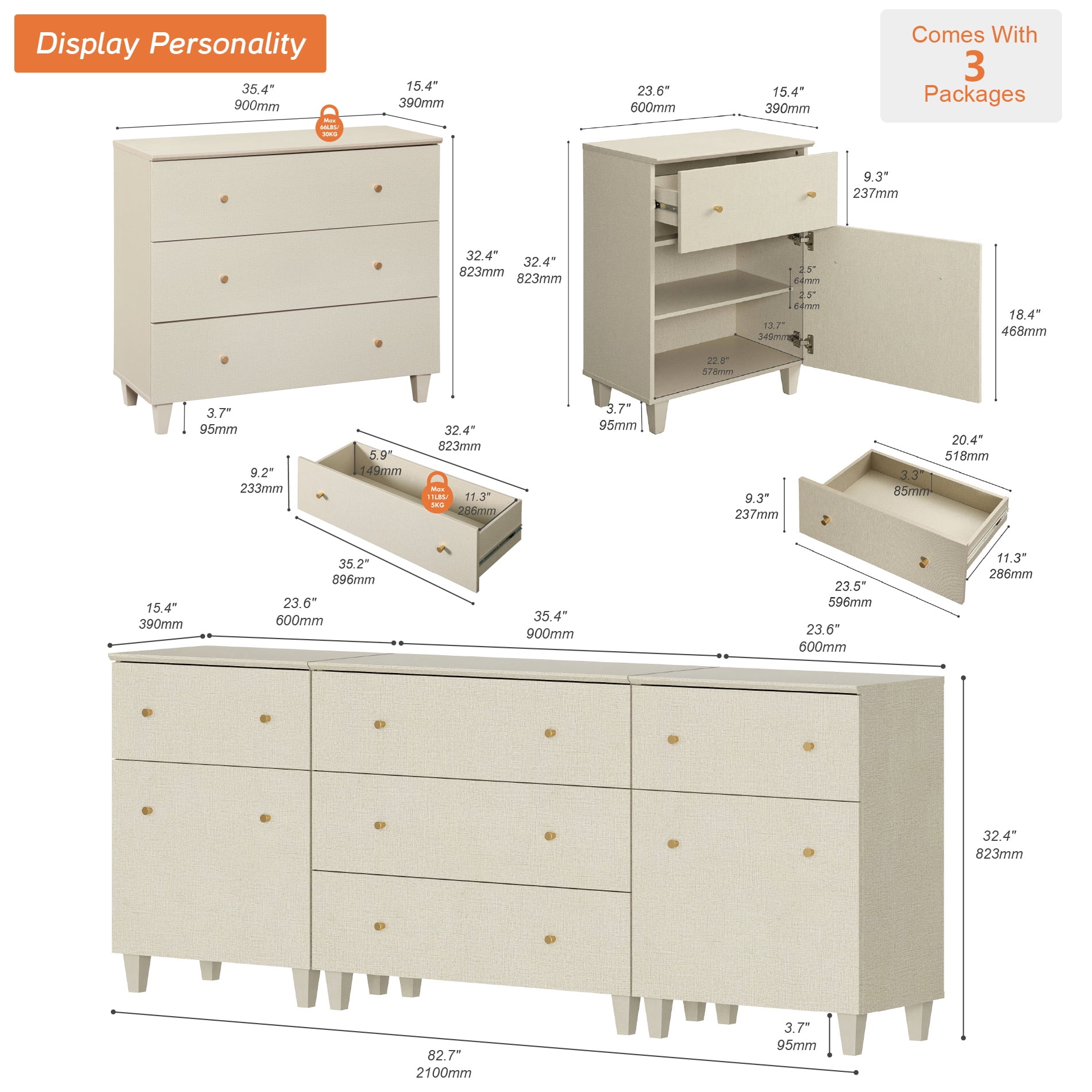 WAMPAT Wide TV Stand for 85+ Inches TVs, 3-in-1 Modern Wooden Media Console with 5 Spacious Drawers and 2 Storage Cabinets for Living Room, Beige