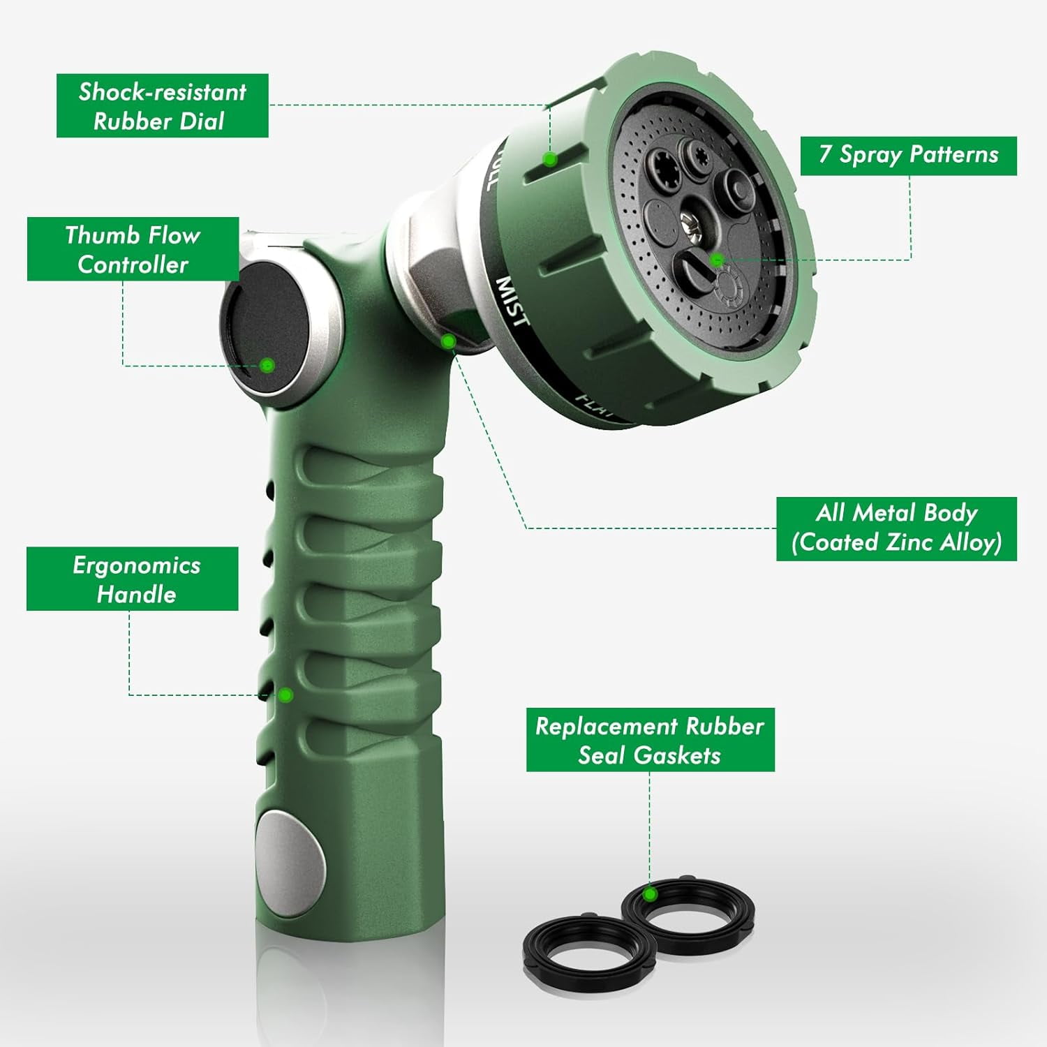 Heavy Duty Hose Nozzle, Metal Garden Water Hose Sprayer with 7 Watering Patterns, Thumb Control, On Off Valve, High Pressure Nozzle Sprayer for Watering Plants, Car and Pet Washing, Blue