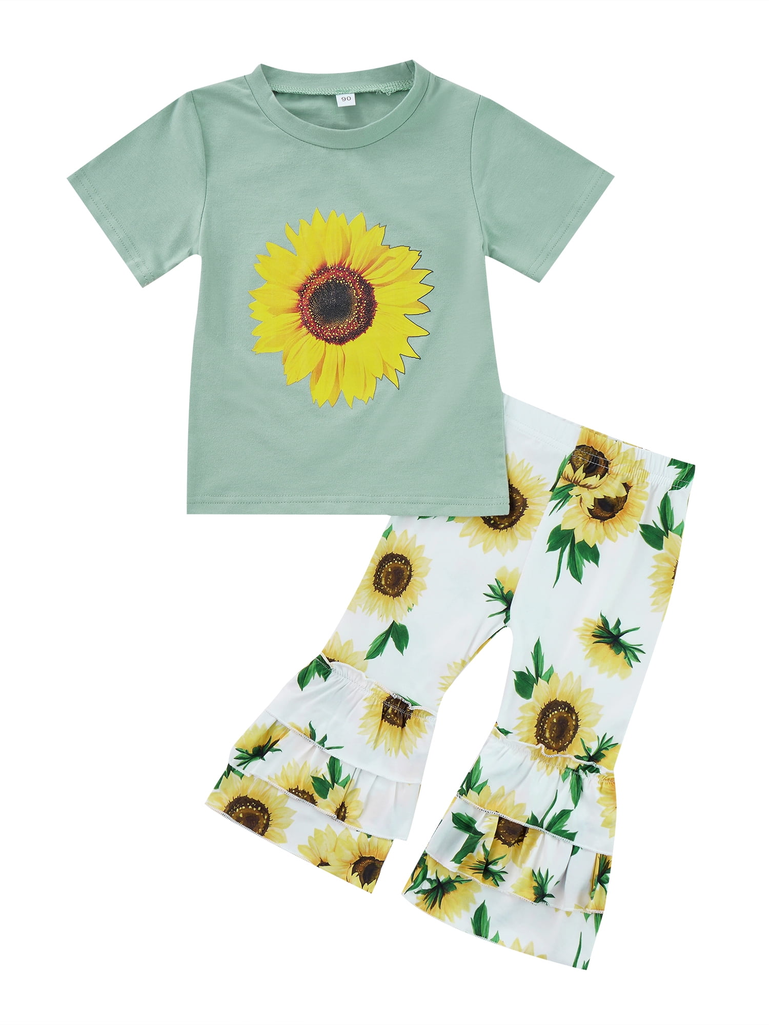 Baby Monkey Green Cotton Girl Toddler Long Sleeve Ruffle Shirt Top Sunflower