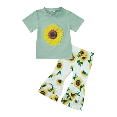 

TheFound Lovely Toddler Girls Kids 2pcs Clothes Sunflowers Printed Short Sleeve T Shirts+Flare Pants Sets