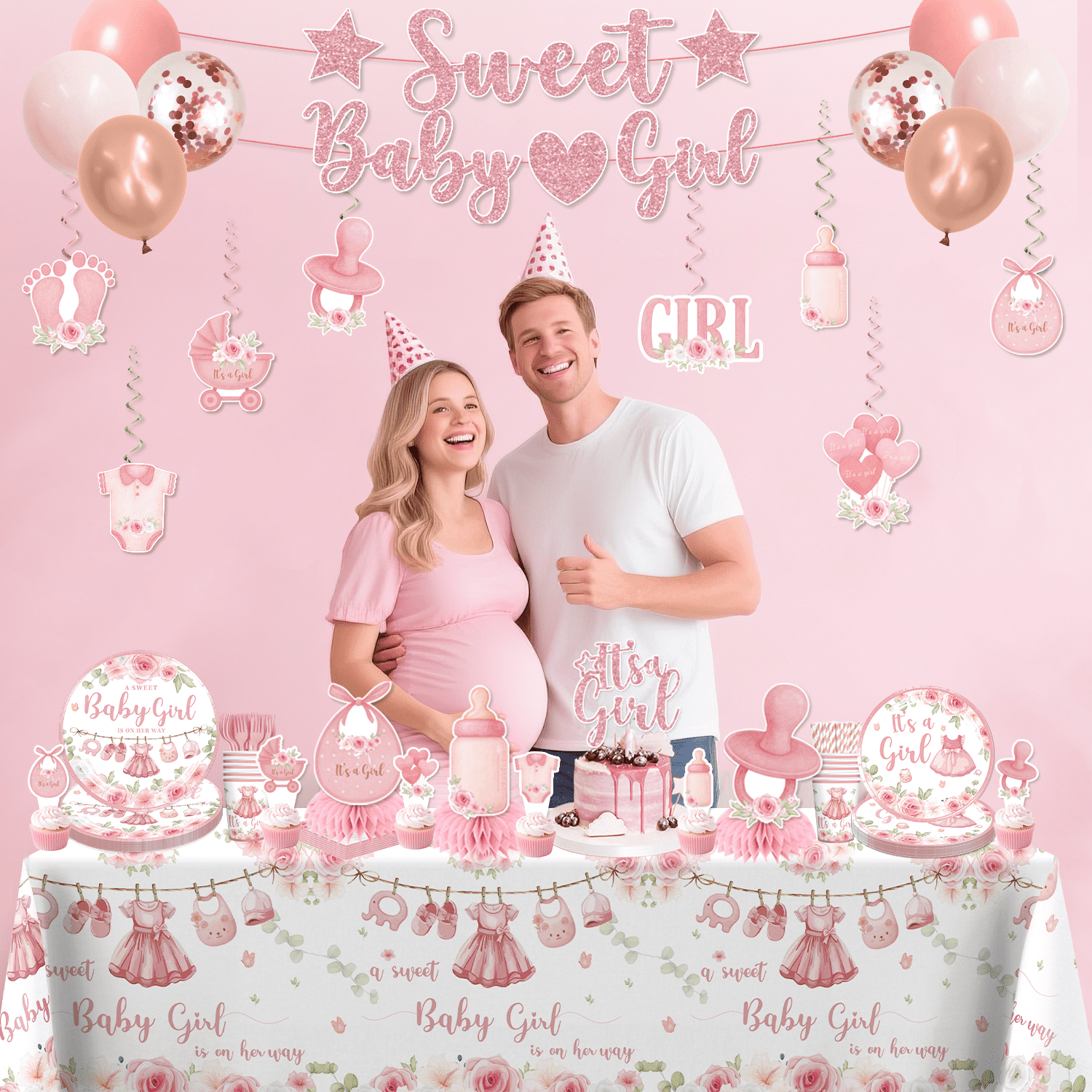 morabloomy Its a girl Baby Shower Decorations Tableware Set Severs 25 Guests, Pink Floral Girl Baby Shower Decorations 213Pcs