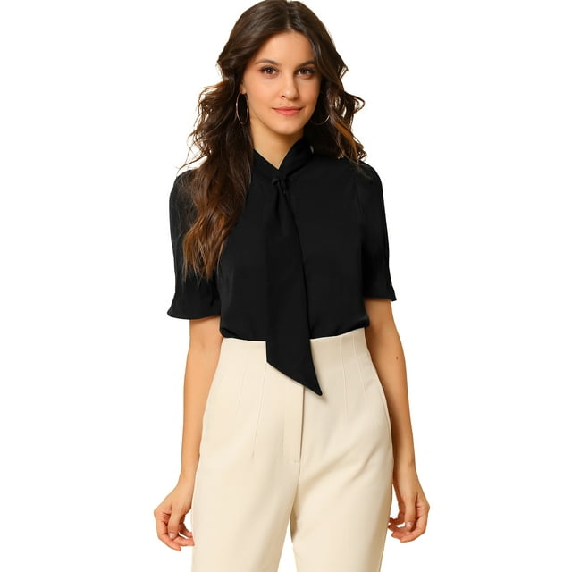 INSPIRE CHIC Women's Tie Neck Shirt Button Down Puff Sleeve Work Blouse