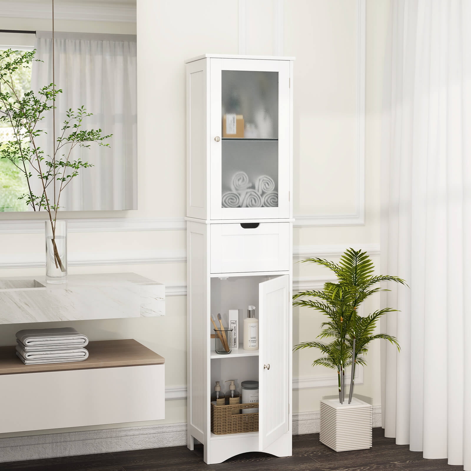 Costway 67" Tall Slim Bathroom Cabinet with 2 Adjustable Shelves 2 Doors and 1 Drawer White